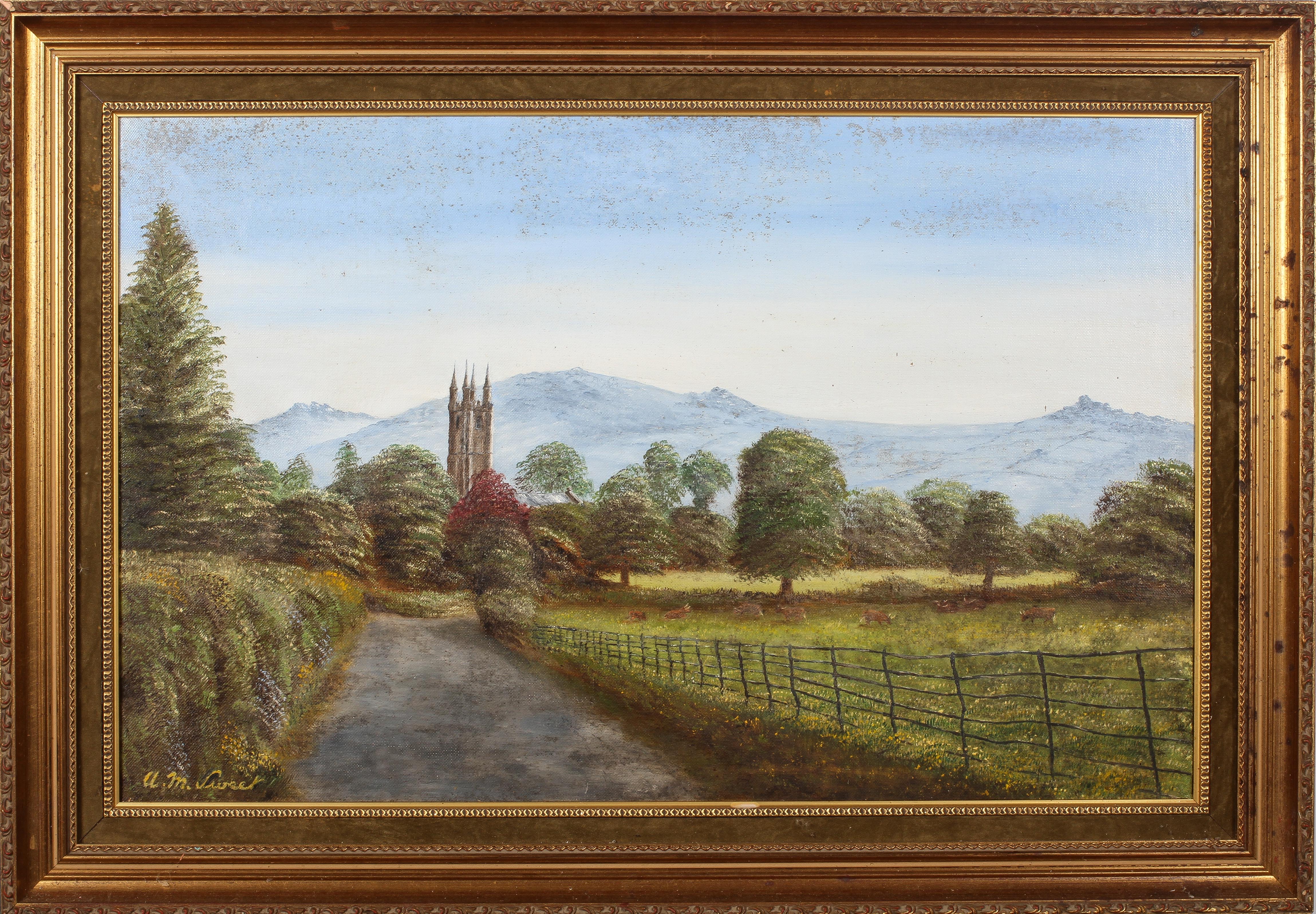 A M Sweet, Country lane with a Church and hills beyond, oil on canvas, signed lower left, - Image 2 of 4