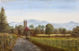 A M Sweet, Country lane with a Church and hills beyond, oil on canvas, signed lower left,