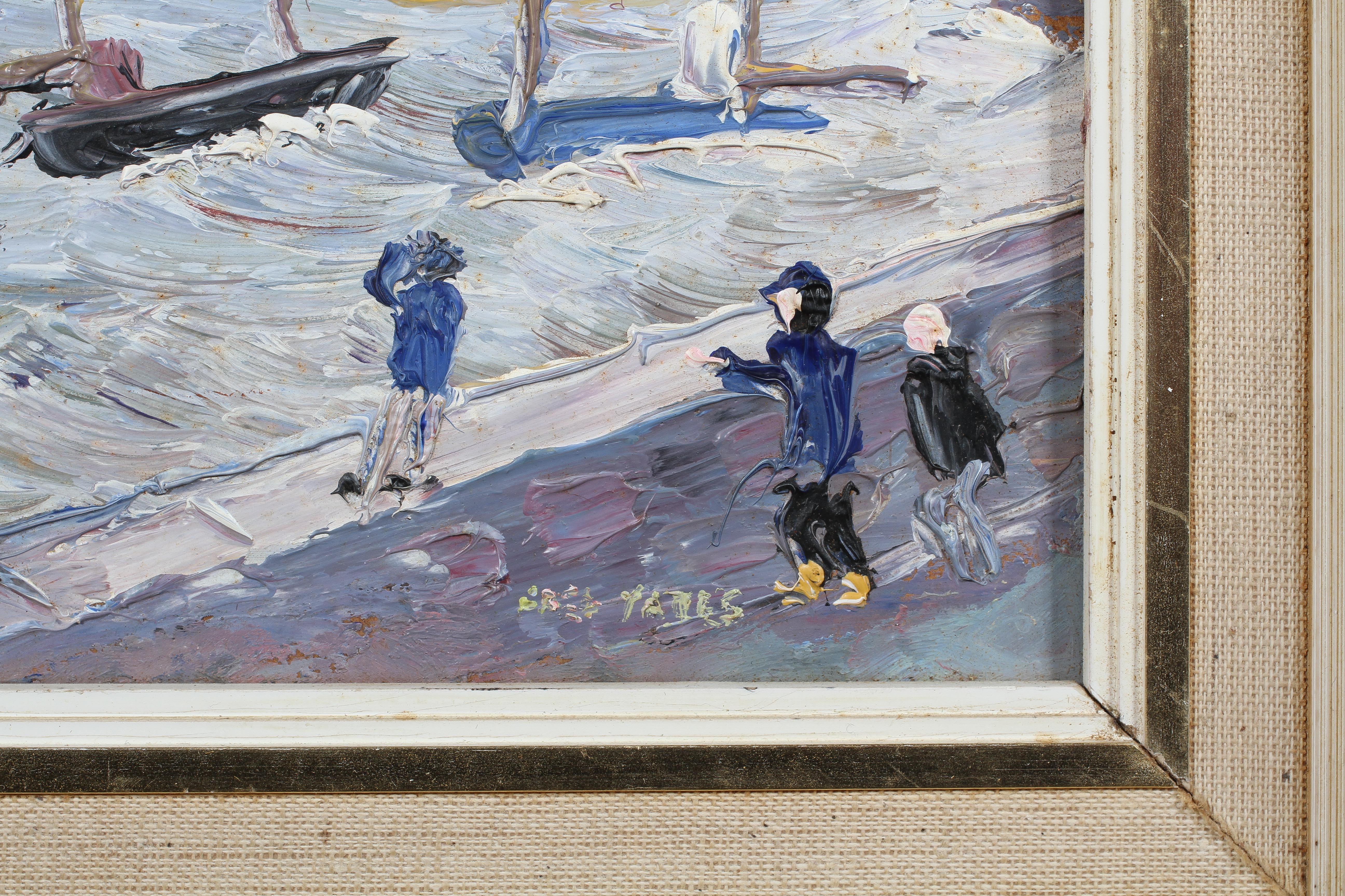 Fred Yates, Figures watching fishing boats in a stormy sea, oil on board, signed lower right, - Image 3 of 4