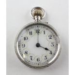 An open face pocket watch. Circular white dial (cracked) with numerical markings.