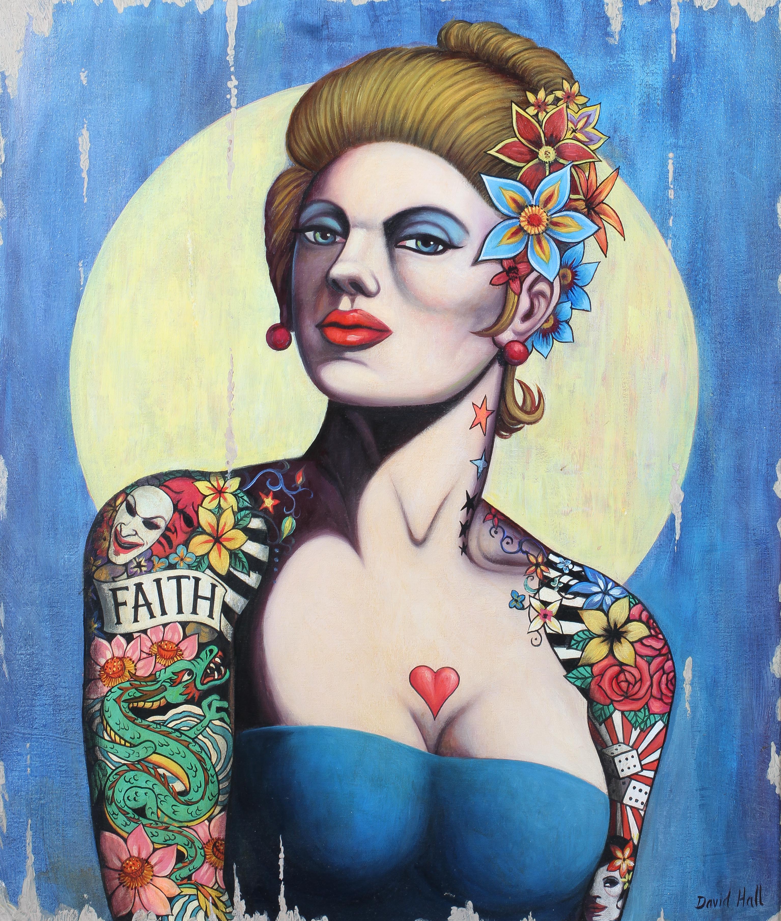 David Hall, 'Faith', A tattooed lady, oil on board, signed lower right,