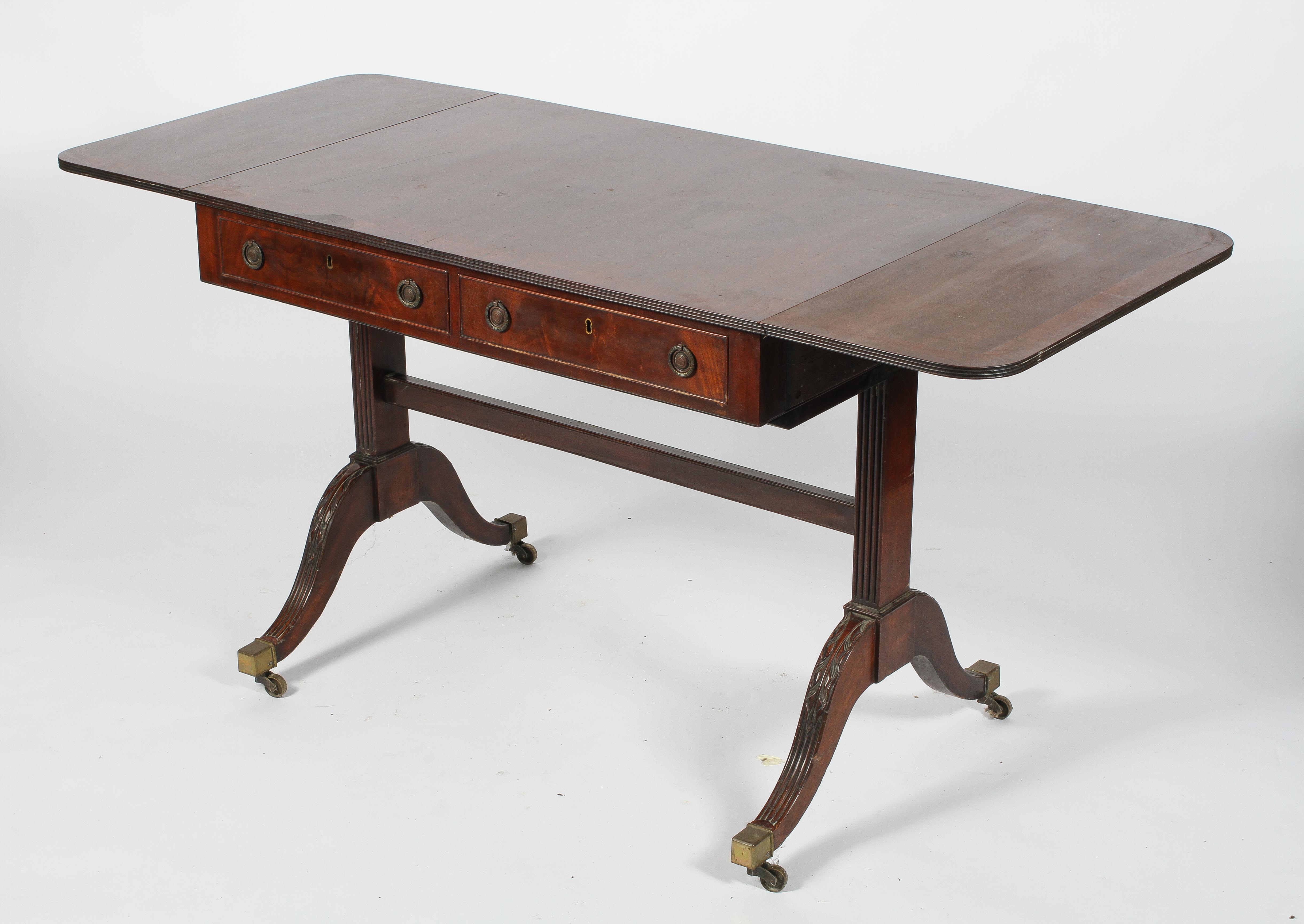 A Regency style mahogany and cross banded sofa table, drop leaves and two true drawers, - Image 2 of 11