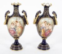 A pair of Sevres style vases, late 19th century, of two handled baluster form,