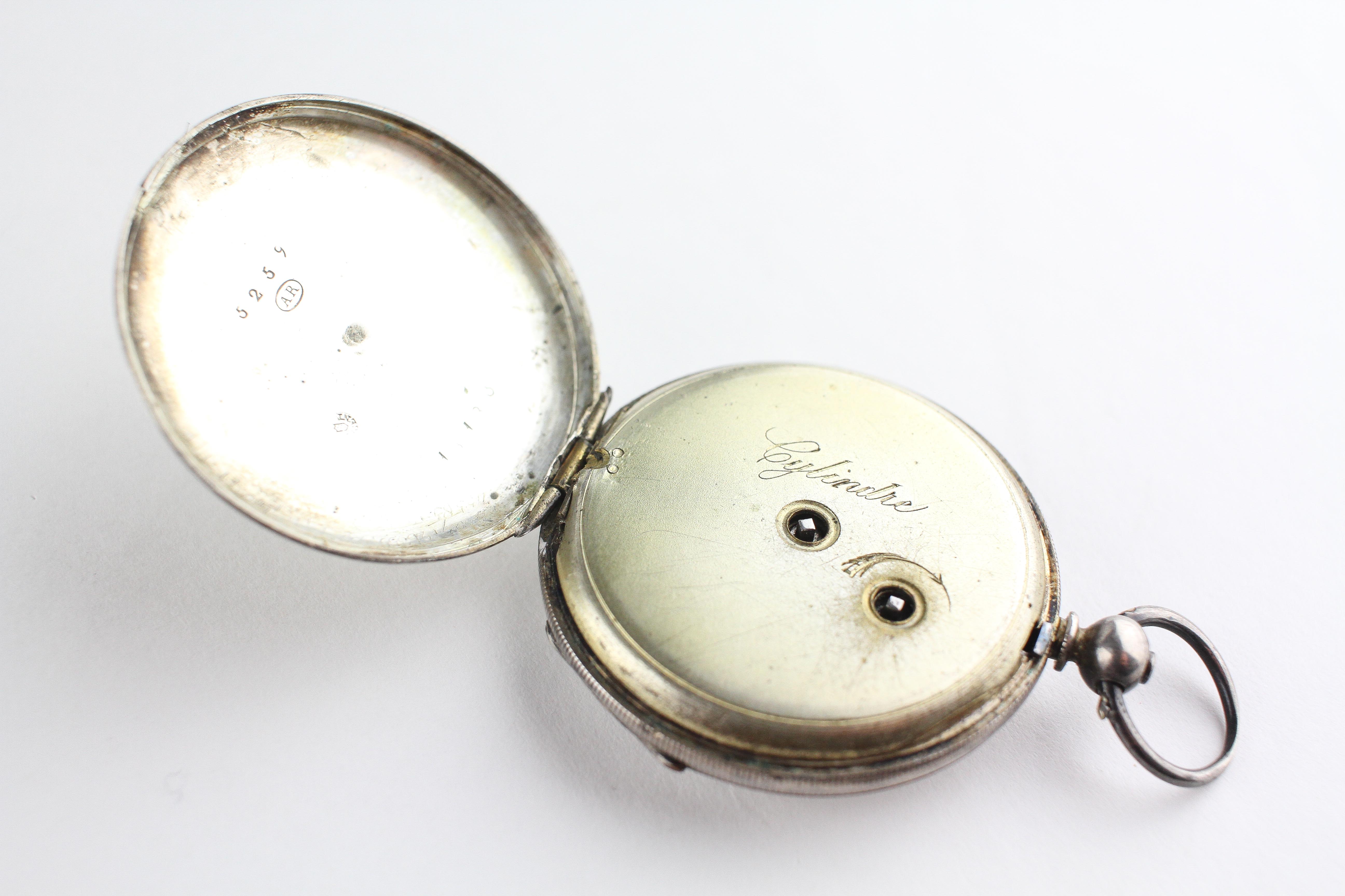 An open face pocket watch. Circular white dial with roman numerals. Key wound movement. - Image 2 of 2