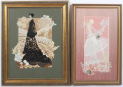 Two lace and needlework embroideries of fashionable ladies, 20th century,