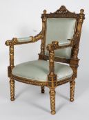 A 19th century style fauteuil, the gilt frame with a shagrin style fabric upholstery,