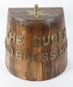 An Elizabeth II oak half barrel, inscribed in brass 'The Queen God Bless Her',