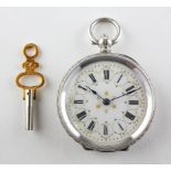 An open face mid size pocket watch. Circular white dial with roman numerals and gold embellishments.