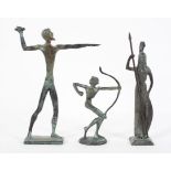 Three Etruscan style patinated bronze figures, including a javelin thrower,