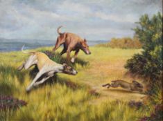 20th century School, Hounds chasing a hare, oil on canvas,