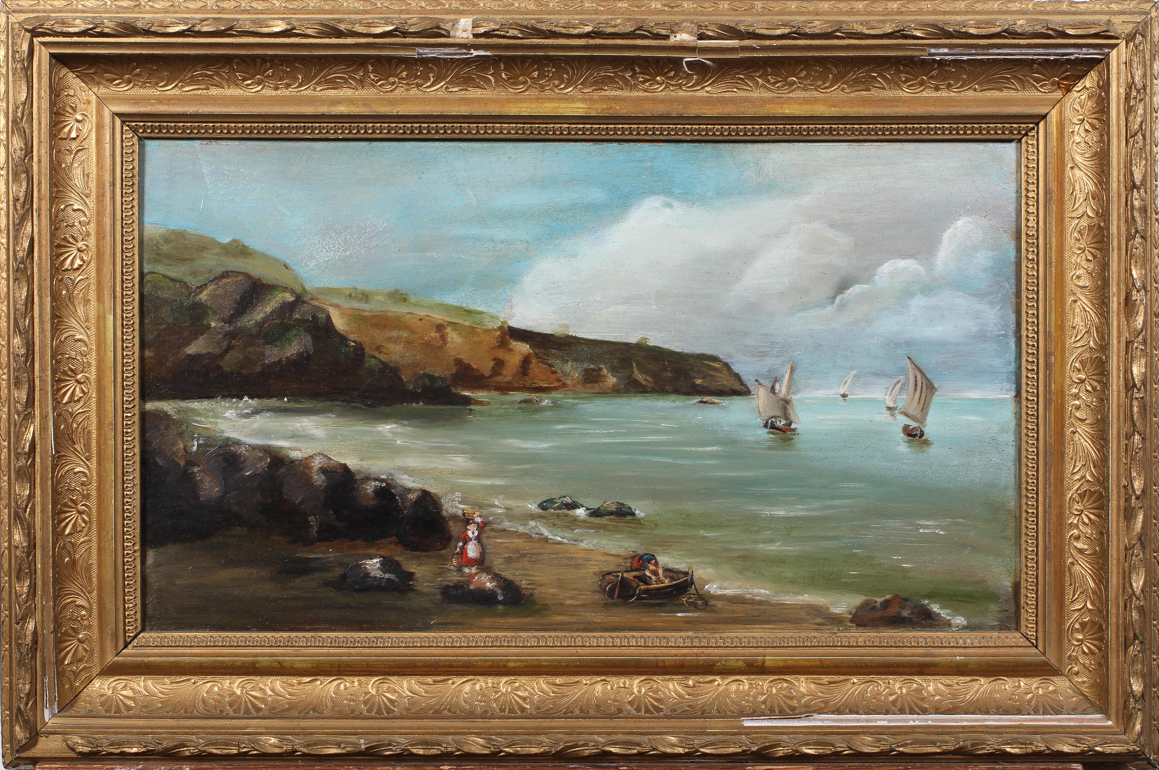 Early 20th Century school, Bretton lady on a beach oil on board, - Image 2 of 3