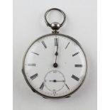 An open face pocket watch. Circular white dial with roman numerals. Key wound movement.