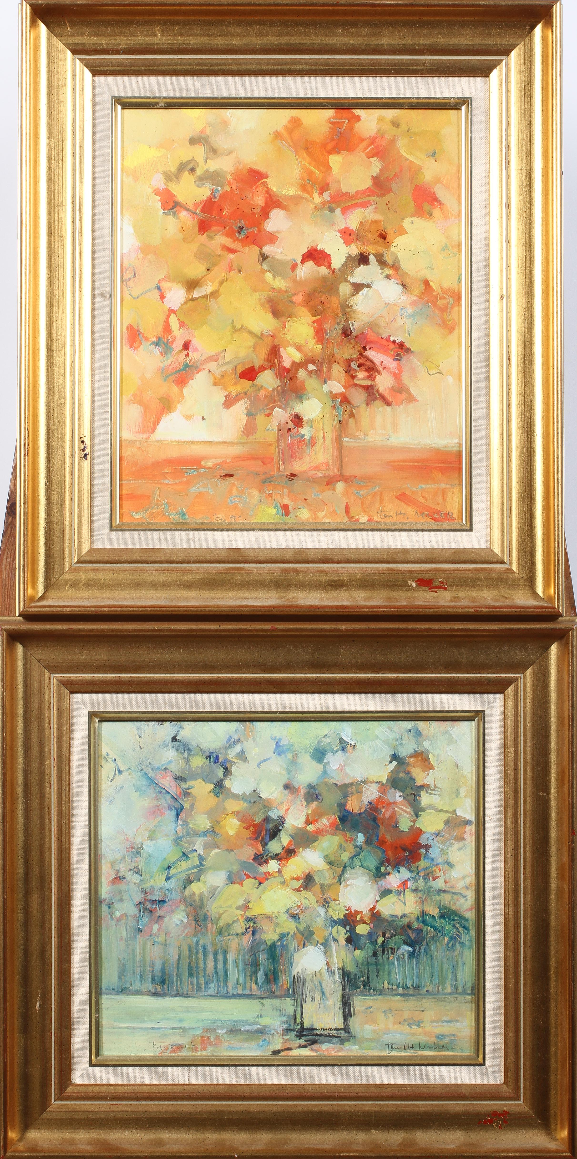 20th century school, Bouquet and Elle 88, pair, oil on board, titled and indistinctly signed,