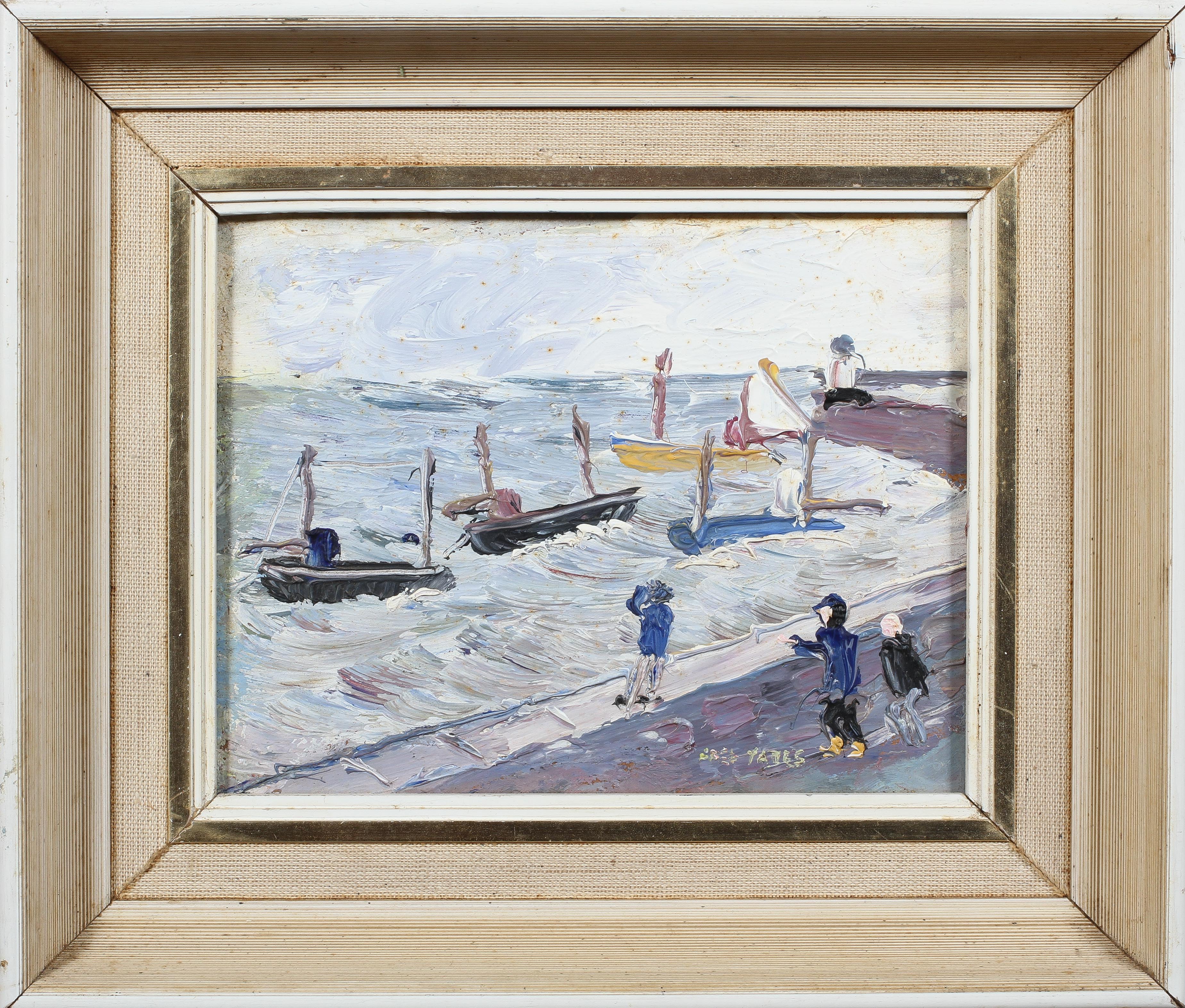 Fred Yates, Figures watching fishing boats in a stormy sea, oil on board, signed lower right, - Image 2 of 4