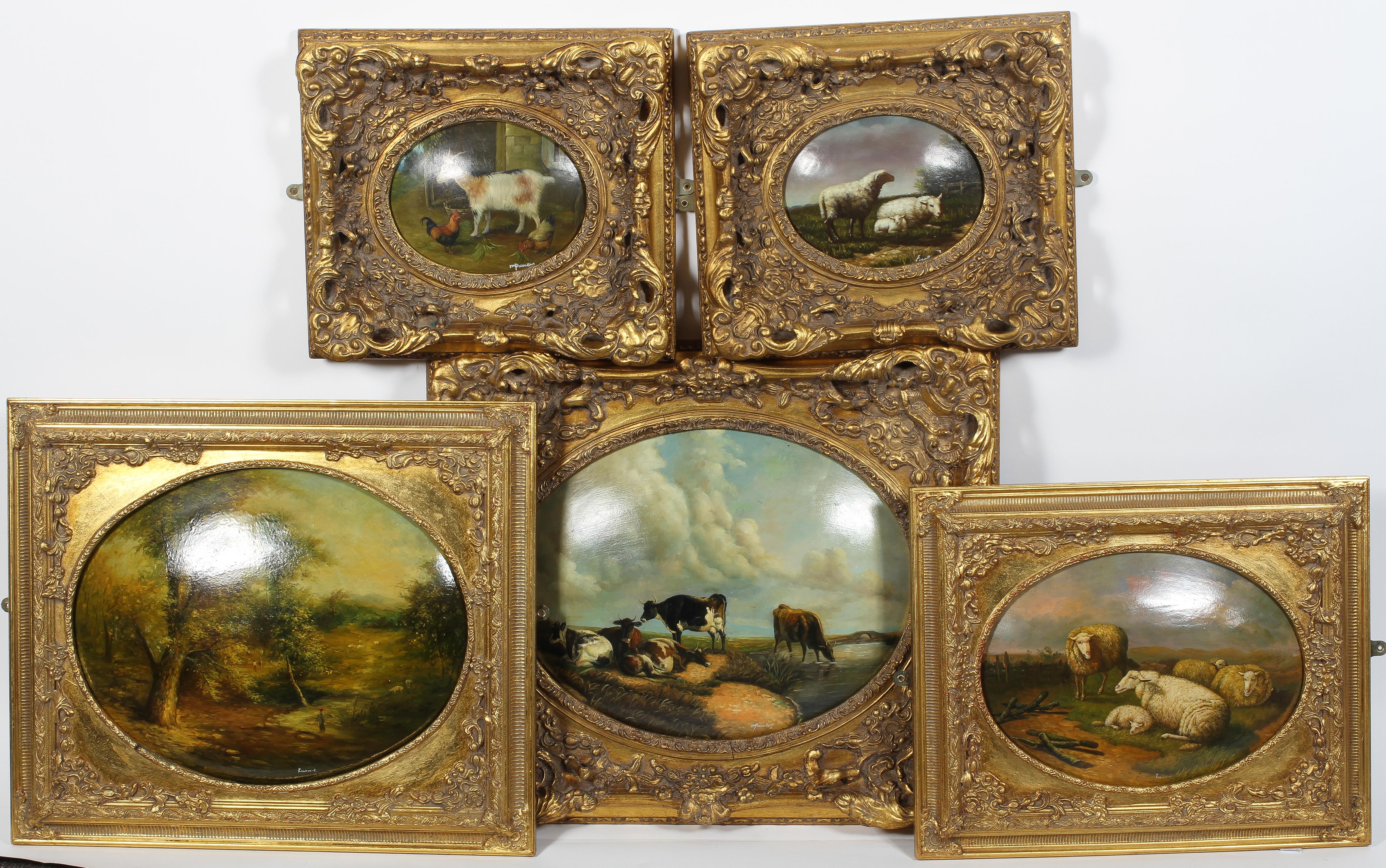 19th century style, Various farm animals, oil on domed oval panels, signatures,