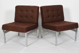 A pair of 1970's retro chrome framed staff chairs, button back upholstered,