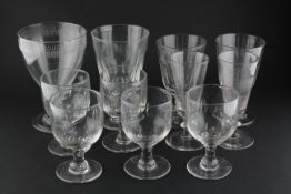 A collection of ten drinking glasses, mainly 19th century, including wine and rummers,