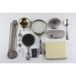 A collection of silver and white metal items, to include two engine turned powder compacts,