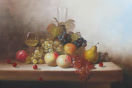 W Jenkins, Still Life painting of fruit and wine, signed lower left, oil on canvas,