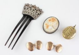 A collection of items to include a pair of 9ct gold (hallmarked) cufflinks; A cameo brooch;