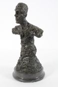 After Giacometti, a bust of a man, bronze on a marble plinth, signature verso,