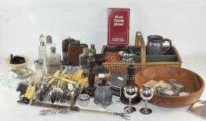 Assorted metalware, glass, silver plate and wooden items, including candlesticks, a hip flasks,