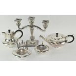 Silver plated wares to include a three branch candleabra, toastrack,