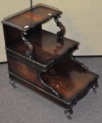 A set of Victorian style mahogany bed steps, three steps, the top with galleried border,