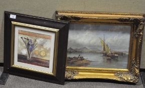 A framed print of Still Life with irises, another print of a maritime oil by C Stanfield,