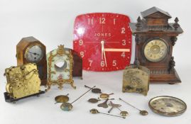 An assortment of clock and parts, to include a mahogany mantel clock, Jones glass wall clock,