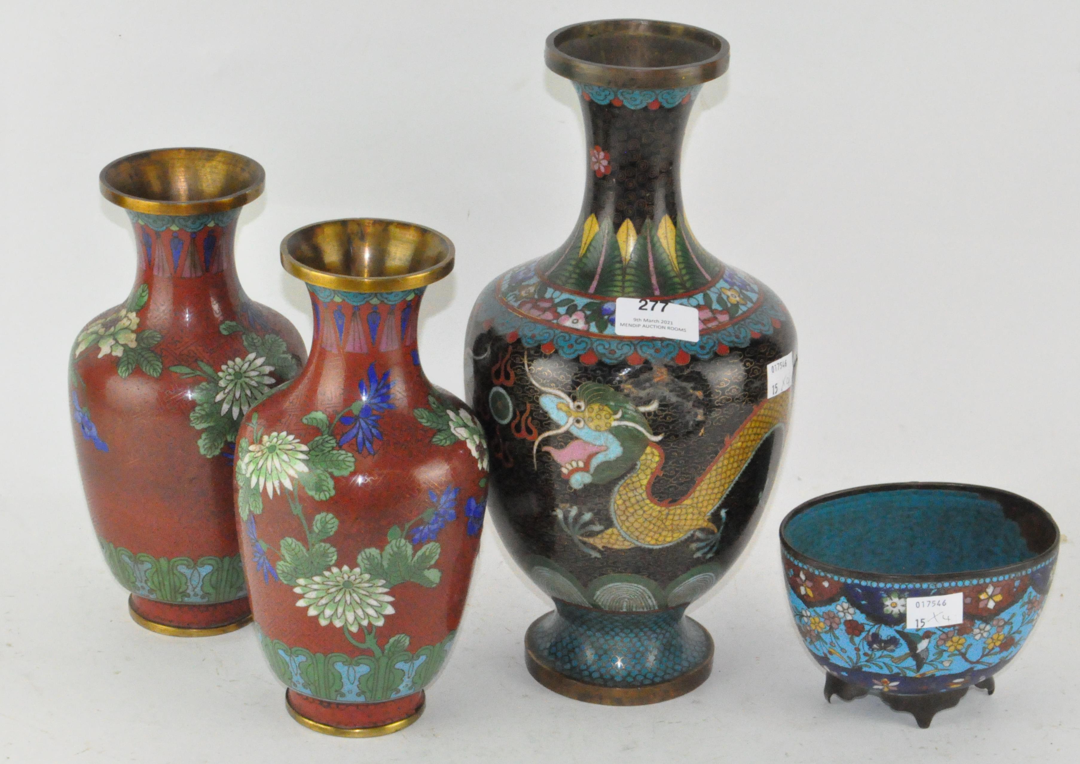 Four pieces of Oriental cloisonne enamel : a pair of vases, a larger vase and a dish, some (A/F),