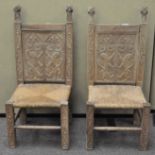 A pair of vintage child's hall chairs with wicker seats,