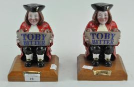 Two 'Toby Bitter' beer pump tops,