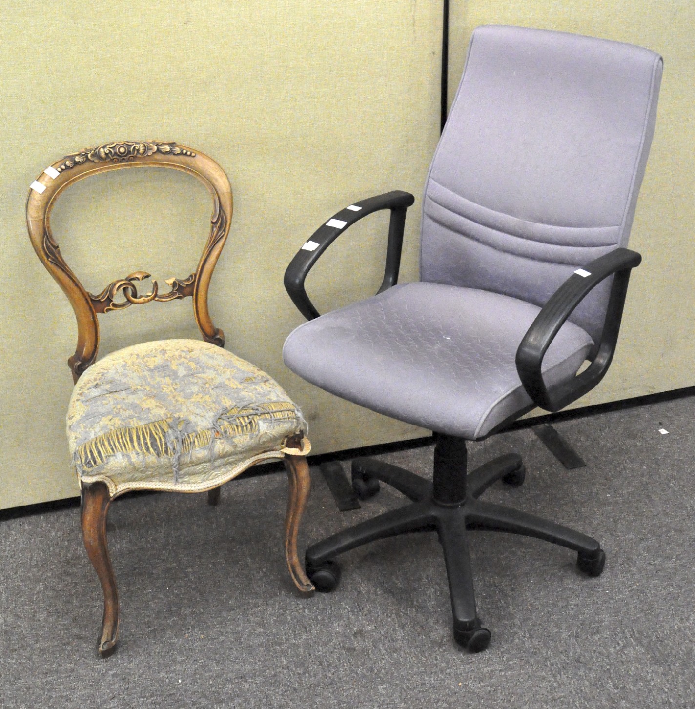 A vintage swivel office chair together with a balloon back dining chair,