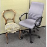 A vintage swivel office chair together with a balloon back dining chair,