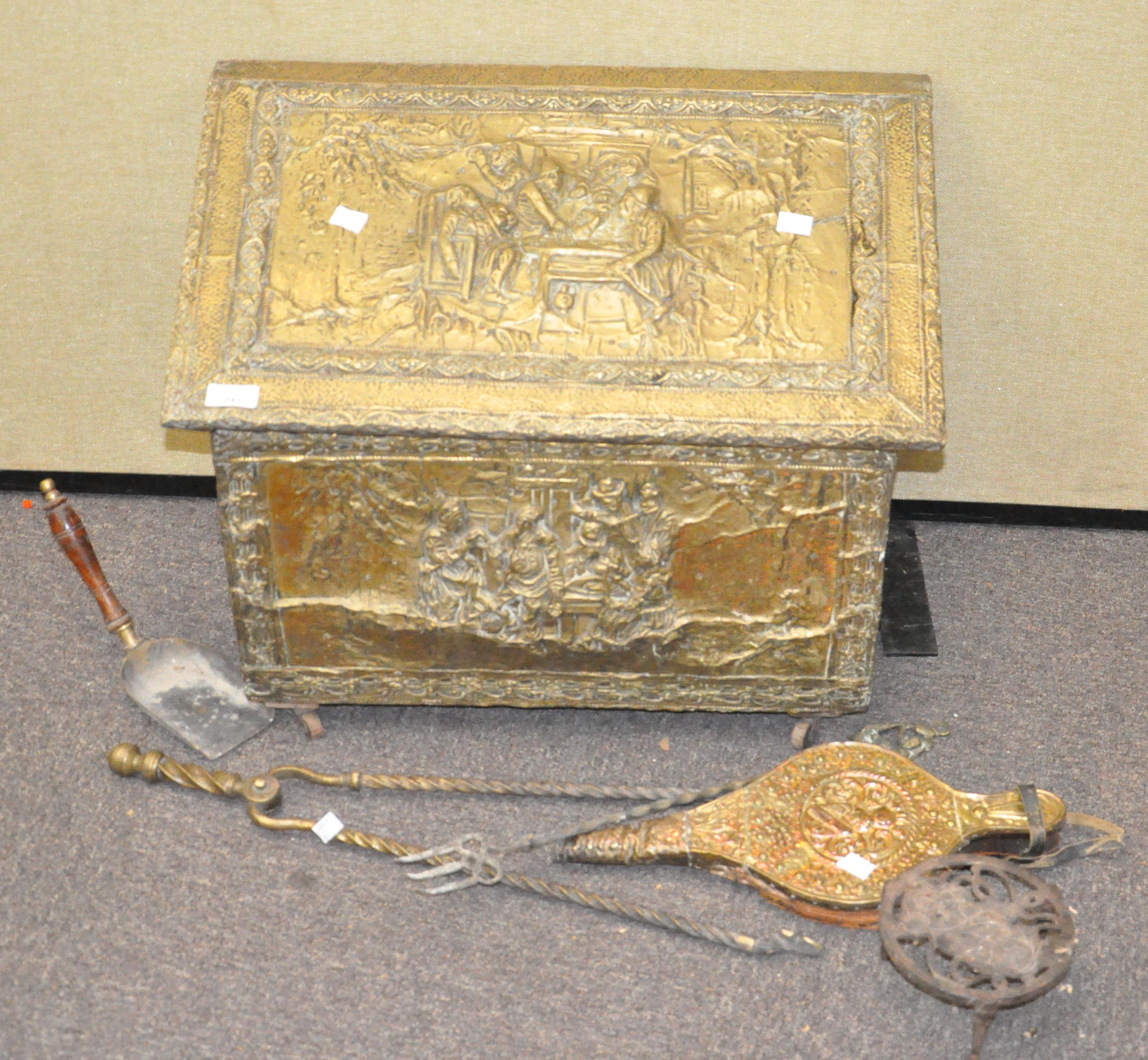 A brass mounted coal box and related contents