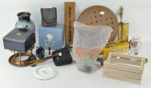 A selection of assorted items, including brass brush, hip flask, Bushnell binoculars,