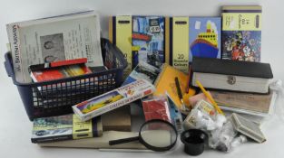 A selection of artists items, including paints,