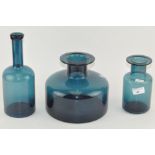 Three modern blue glass vases,