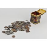 A collection of assorted coinage, most being British pre decimal, including half crowns,