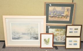 A group of six pictures and prints, including two watercolours and cigarette cards,