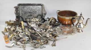 A large collection of silver plated wares, to include an oak bowl,