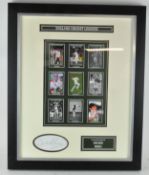 A framed and glazed Dicke Bird England Cricket legends montage, signed,