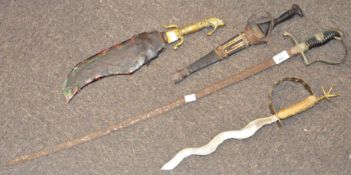 Three knives : an African example in original sheath, together with a sword,