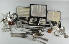 A collection of silver plated wares, including a hip flask, toast rack,