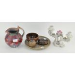 A Dresden ceramic two sconce candlestick, together with numerous pieces of Studio pottery,