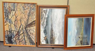 A group of three large paintings, including an abstract, all framed,