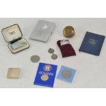 Assorted items, including two silver medallions, tow Ronson lighters,