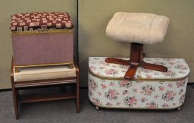 A 1960's ottoman, Lloyd Loom linen basket and two stools,