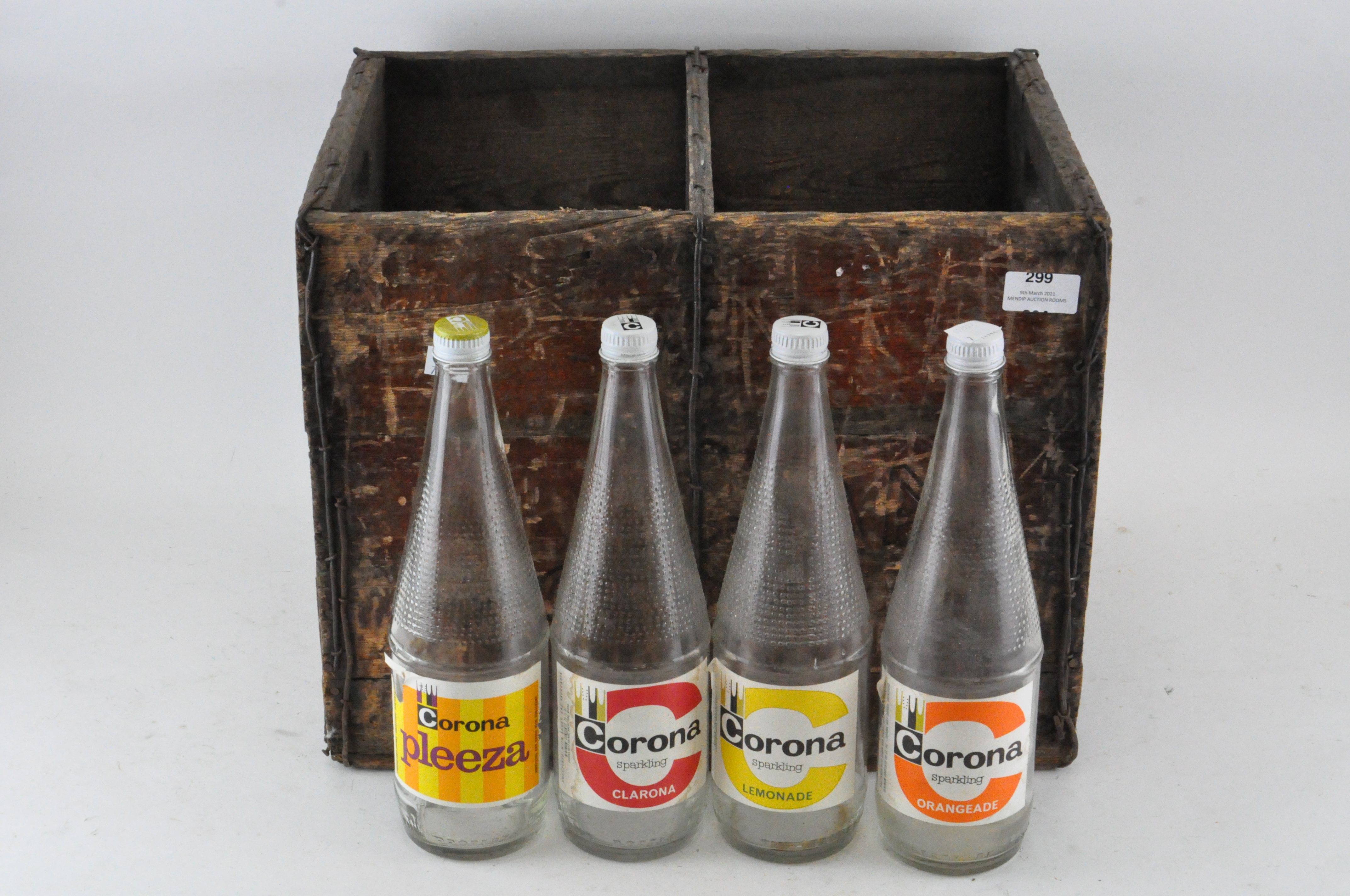 A group of 1960's Corona pop bottles with original Coronal wooden crate